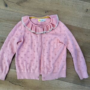 Mini Boden Pink Eyelet Cardigan with Ruffled Collar, size 7-8